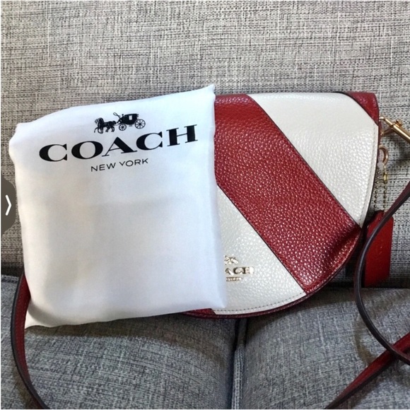 Coach Ellen Half Moon Red & White Striped Genuine Leather Crossbody Bag - Picture 10 of 10